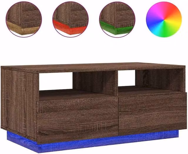 Berkfield Home Modern Brown Oak Coffee Table with LED Lights W: 90 cm, D: 49 cm, H: 40 cm – 1