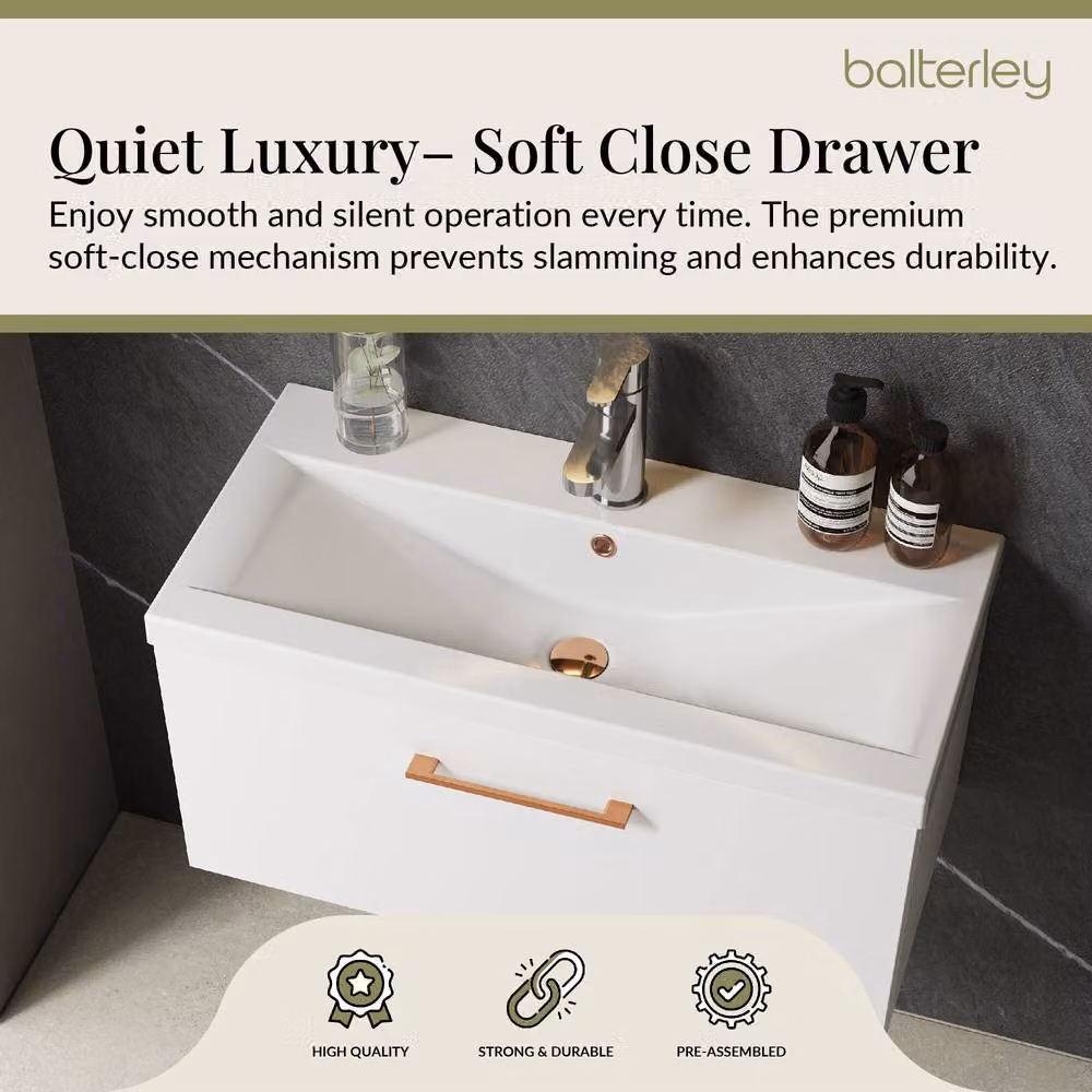 Balterley Gloss White Wall Hung 1 Drawer Vanity Basin Unit with Copper Handle, Width: 80 cm – 3