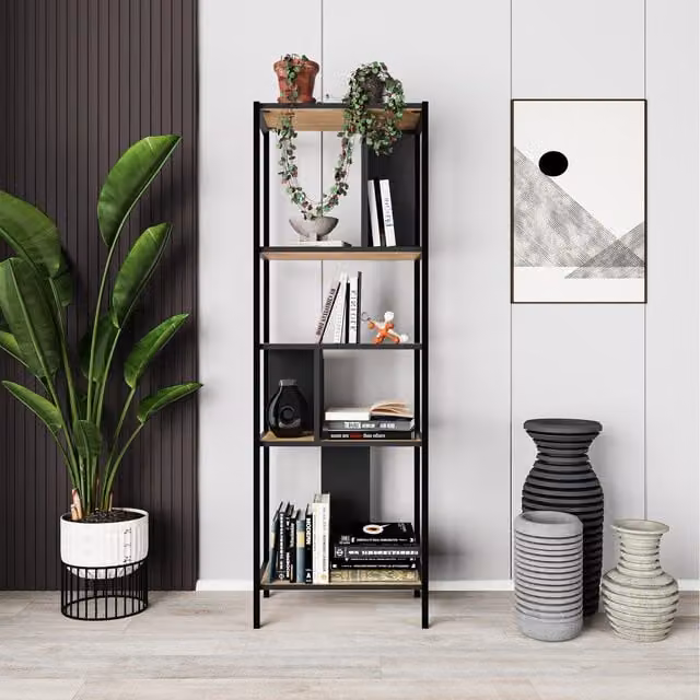 Decortie Mini Modern Narrow Bookcase with 5 Shelves in Oak and Silky Black