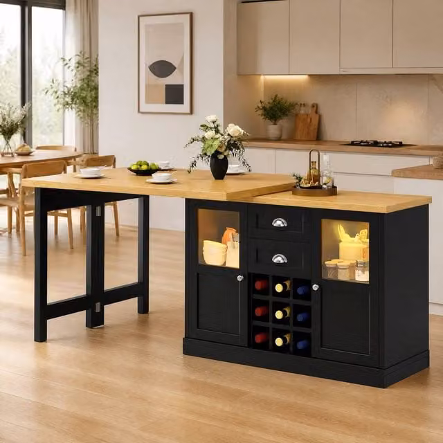 STILVORA Extendable Dining Table with Storage and LED Lights in Black