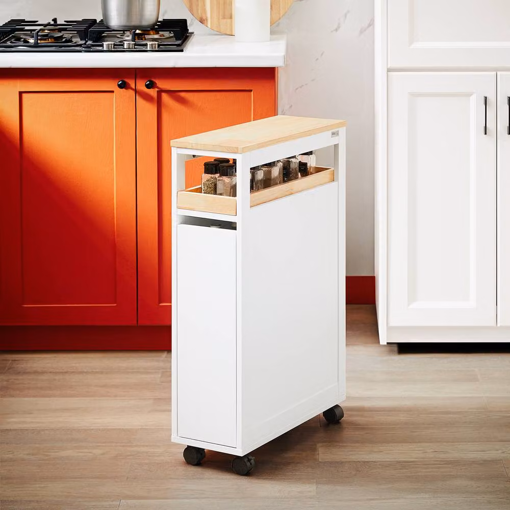 SoBuy Slim Rolling Storage Cabinet with Wood Top in White – 6