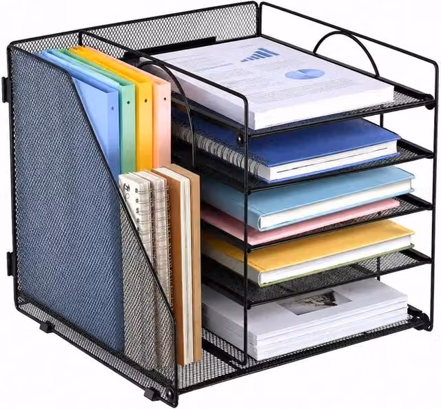 FORGEVIO Black Metal 5-Tier Desk Organiser with File Holder and Letter Tray – 1