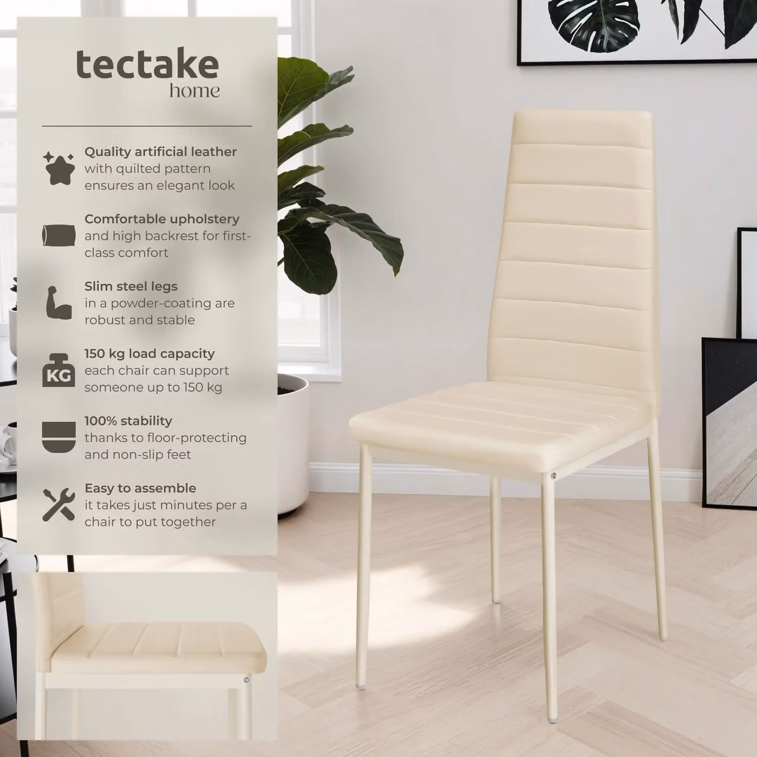 tectake Thomas Set of 4 Modern Dining Chairs in Beige Synthetic Leather – 2