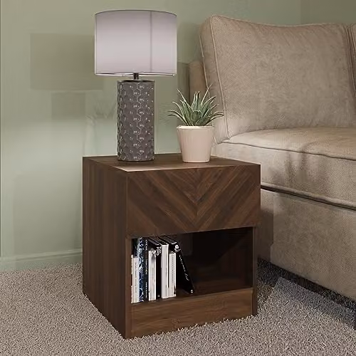 GFW Catania Lamp Table in Walnut with Drawer and Open Shelf
