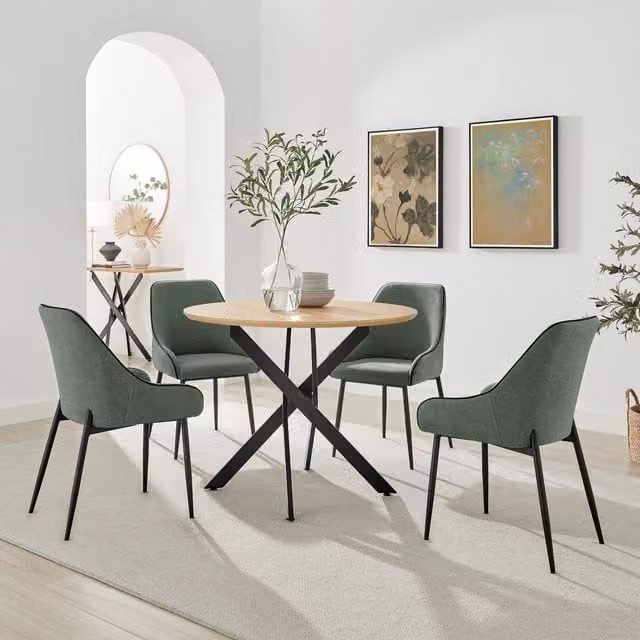 FurnitureboxUK Novara Round Oak Veneer Dining Table and 4 Green Beaumont Chairs in Brown – 1