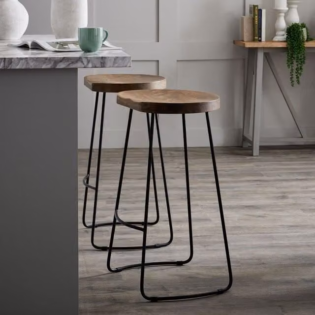 KDMK Franklin Industrial Hardwood and Metal Shaped Barstool in Brown