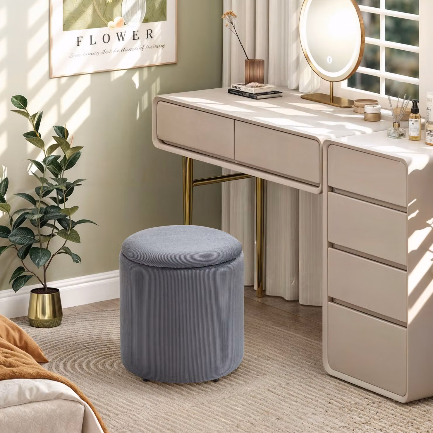 HOMCOM Modern Cylindrical Storage Ottoman with Removable Lid in Light Grey – 5