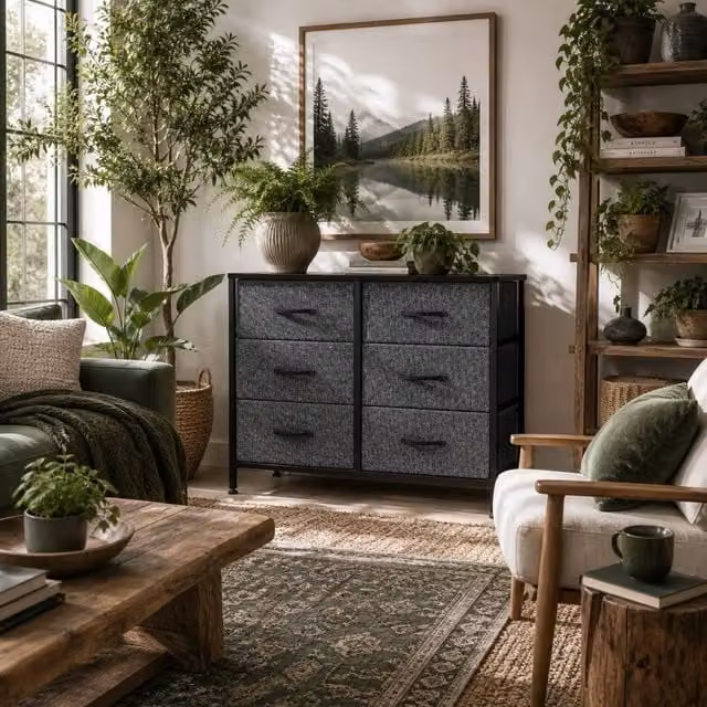 Wyld Haus Veroso 6 Drawer Storage Dresser in Black Metal and Grey Fabric, W/D/H: 80 x 30 x 62.5 cm