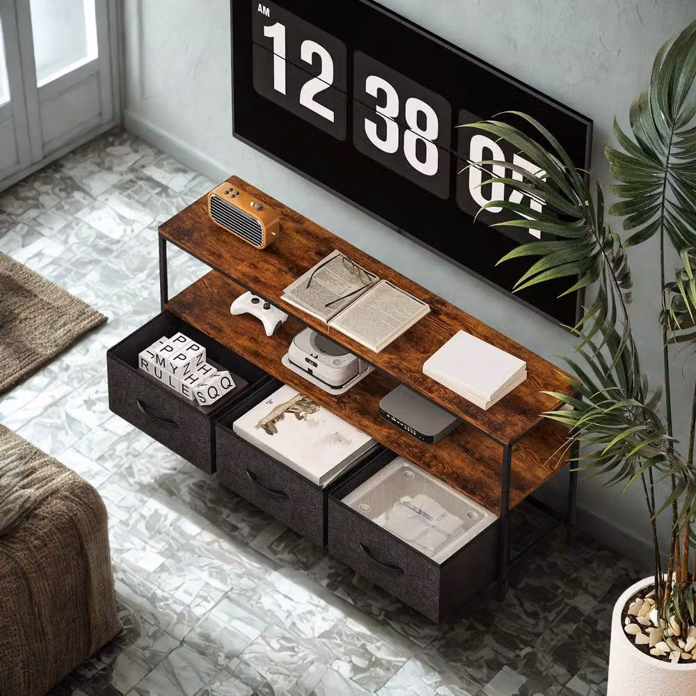 FURNOS Industrial TV Stand Unit with 3 Storage Drawers in Brown, W: 120 cm, H: 56 cm, D: 29 cm – 3