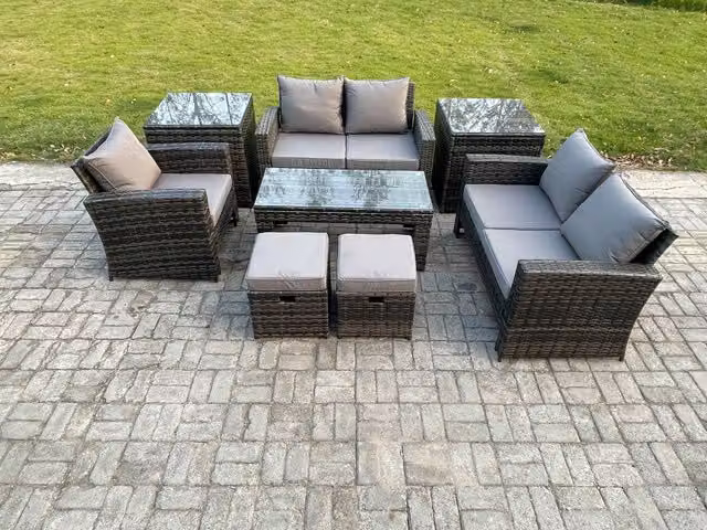 Fimous 7 Seater Rattan Outdoor Patio Furniture Set in Dark Grey with Coffee Table, 2 Side Tables and 2 Ottomans