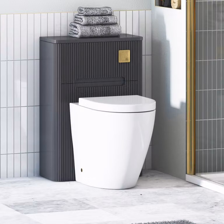 Avenza Matt Obsidian Black BTW WC Unit with Elva Rimless Short Projection Ceramic Toilet Pan, Seat and Cistern, Width: 55 cm