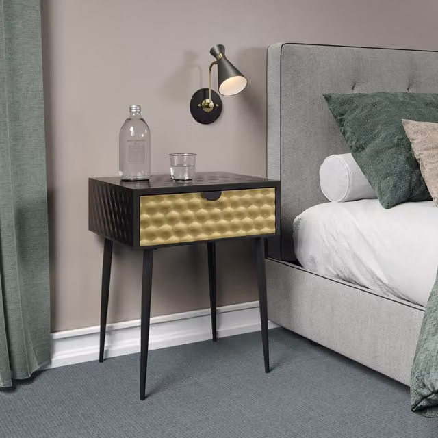 Set of 2 Jupiter Black Metal Bedside Tables with Gold Effect and One Drawer