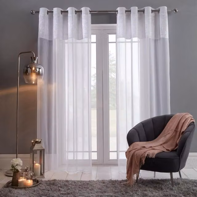 Sienna Pair of White Crushed Velvet Voile Net Eyelet Curtains