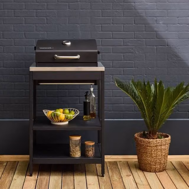 sweeek Black Charcoal Barbecue Grill with Stainless Steel Shelves and Thermometer