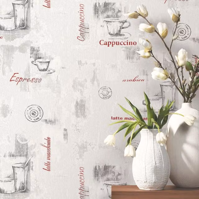 Erismann Abstract Coffee Cups Kitchen Vinyl Wallpaper in Red and Multicolour