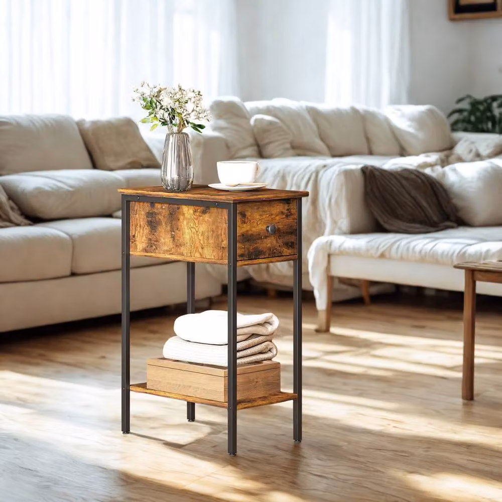 FURNOS 2 Tier Narrow Side End Table with Drawer, Brown and Black Industrial Style, W/D/H: 39.8 x 25.0 x 58.2 cm – 6