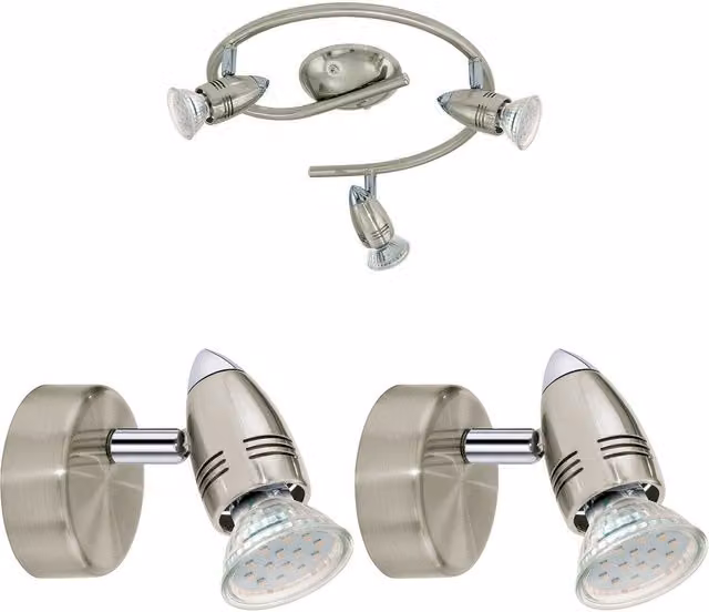 Loops Adjustable Round Ceiling Spot Light and 2x Matching Wall Lights in Silver Metal