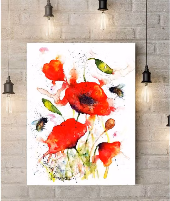 BebesArts Poppies and Bees Floral Canvas Painting in Red, W: 76.2 cm, H: 50.8 cm, D: 50.8 cm