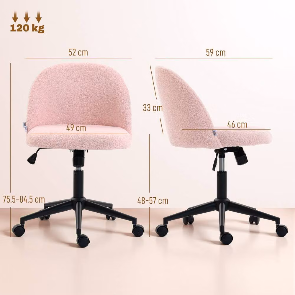 ERGOVEXA Teddy Fleece Task Chair in Pink with 360 Degree Swivel and Castors – 2