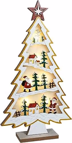St Helens Home & Garden Xmas Haus Natural Wood LED Light Up Christmas Village Tree Scene, Brown and White, W/D/H: 18.5 x 18.5 x 18.5 cm – 1