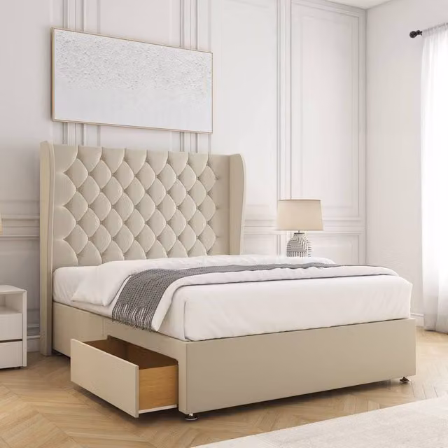 BSSPOKE Amelia Divan Bed Set in Cream Plush Velvet with 2 Drawers and 54 inch Headboard, Small Double, W/D/H: 120 x 200 cm