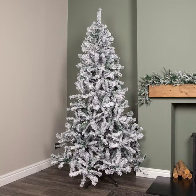 Samuel ALEXANDER Snow Flocked Artificial Christmas Tree in Green and White with Metal Stand – 1