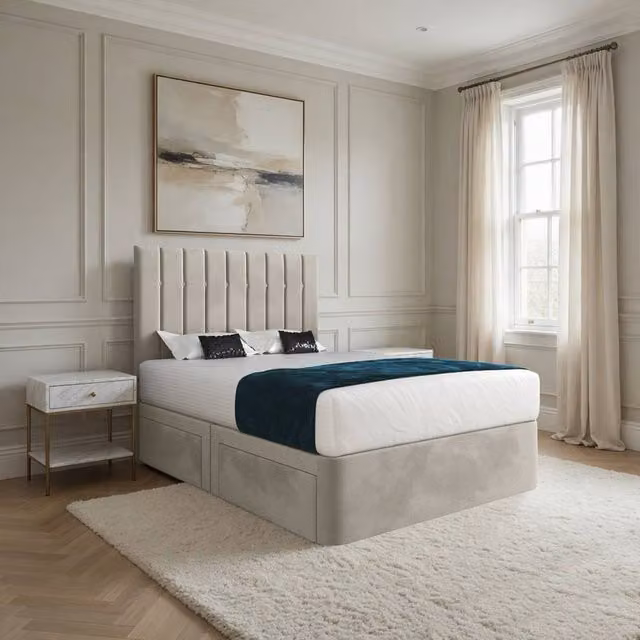Casani Lichfield Modern Upholstered Velvet Bed Frame with Drawers, Beige, W/D/H: 90 x 200 x 137 cm