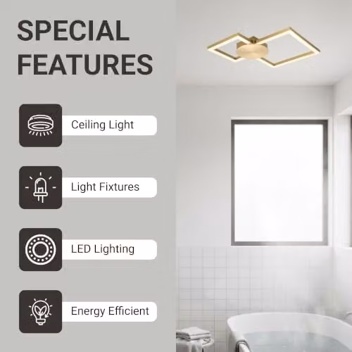 Cosylyte Miles Modern Square LED Flush Mount Ceiling Light, Brushed Brass, IP44, 3000K Neutral White, 2800lm, W: 44 cm, D: 44 cm, H: 5 cm – 5