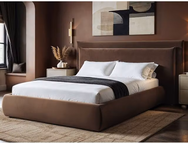 Solace+Co Sigrid Modern Upholstered Velvet Ottoman Bed with Cushion Headboard in Brown, 140 x 200 cm