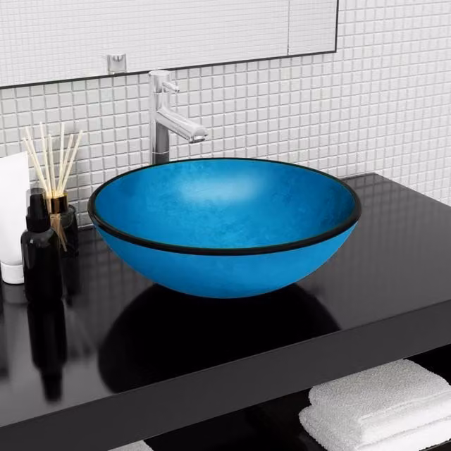 Berkfield Home Blue Tempered Glass Basin W: 42 cm, H: 14 cm, D: 14 cm – 1
