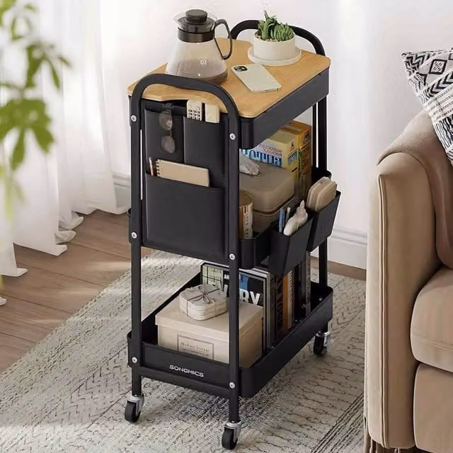 The Bazaarist 3 Tier Rolling Utility Cart with Wood Tabletop, Matt Black