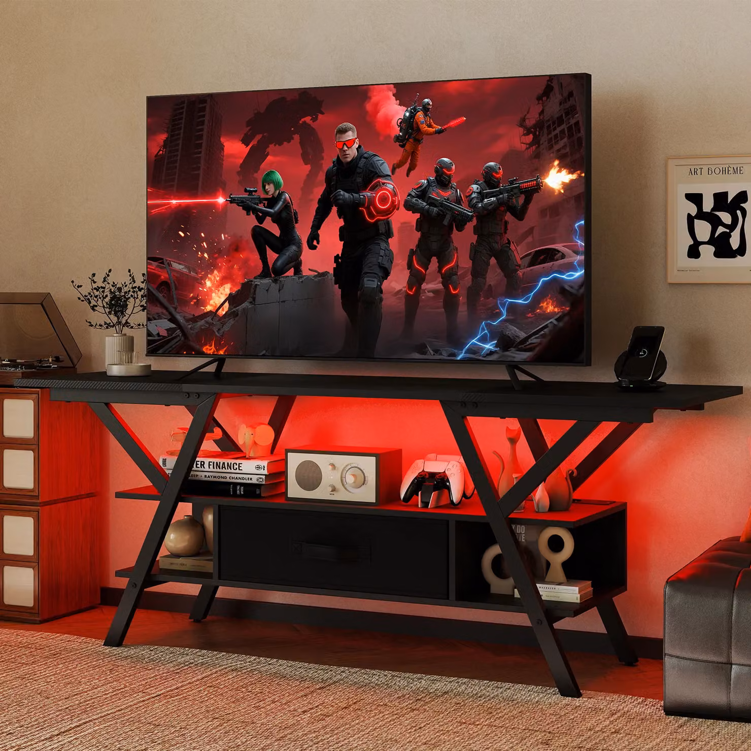 Gymax 3-Tier Modern TV Stand for up to 65 inch TVs with Integrated LED Lights and Power Outlets in Black – 4