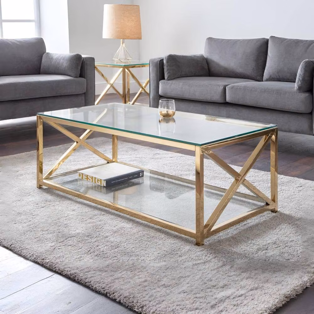 Cheshire Monaco Rectangular Coffee Table in Transparent Glass and Gold Metal – 2