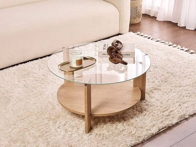 Vente-unique SENIRA Round Tempered Glass Coffee Table in Light Oak