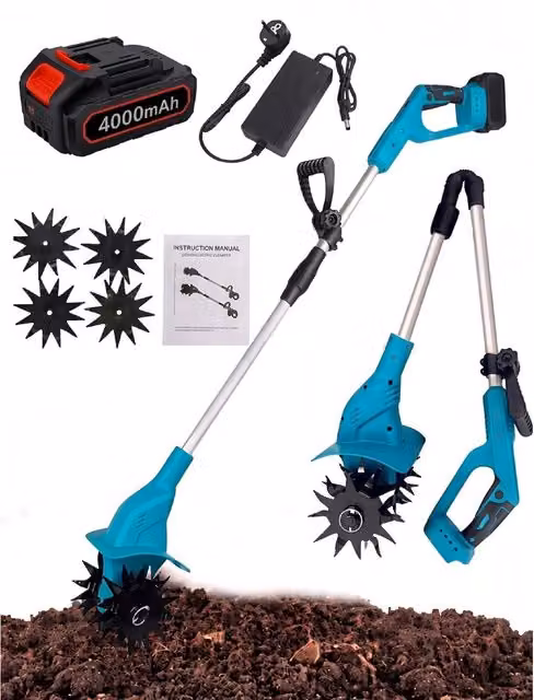 Unbranded 21V Cordless Garden Tiller in Blue with Rechargeable Battery and Quick Charger