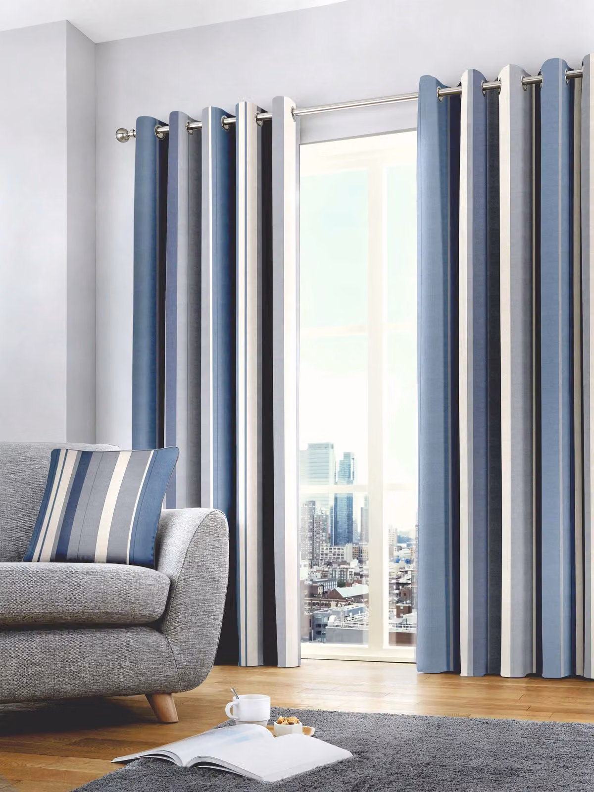 Fusion Whitworth Stripe Fully Lined 100% Cotton Eyelet Curtains in Blue, Width: 117 cm, Drop: 183 cm – 4