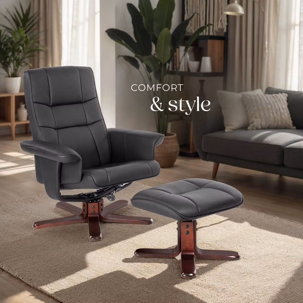 tectake Relax Recliner Armchair with Ottoman and Armrests, Black Synthetic Leather, Swivel and Adjustable Backrest – 7