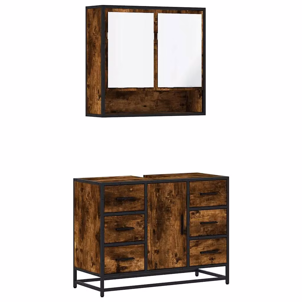 Berkfield Home 2 Piece Industrial Bathroom Furniture Set in Smoked Oak Brown featuring Vanity Unit and Mirror Cabinet – 2