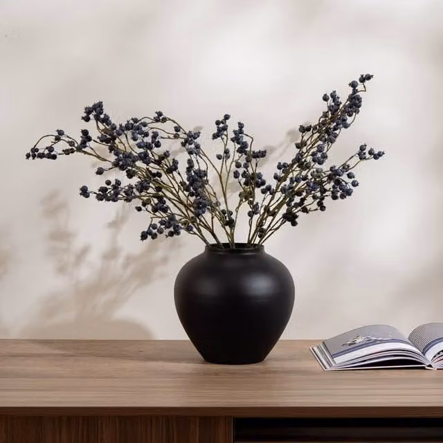 Scottish Everlastings Ltd Modern Black Ceramic Round Tabletop Vase, Height: 28 cm