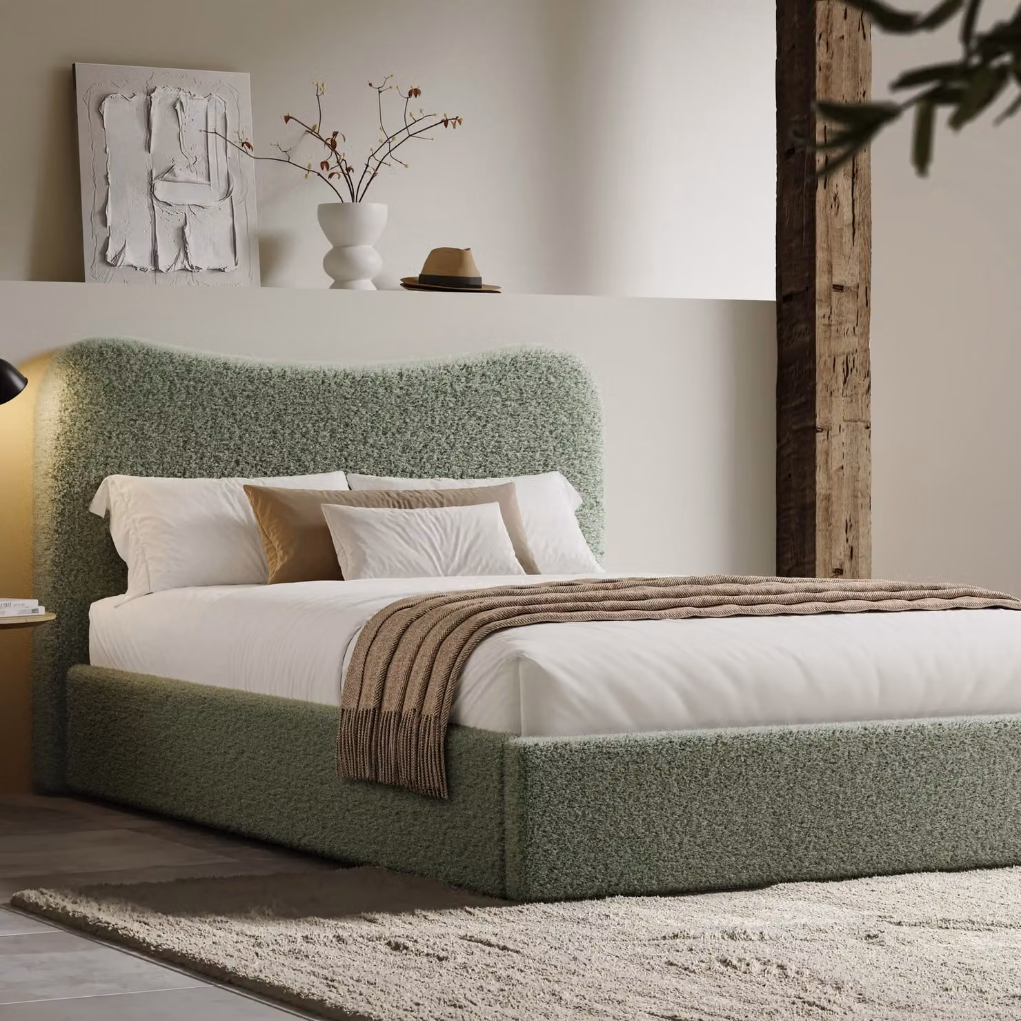 DHS Curved Headboard Ottoman Storage Bed in Sage Green Boucle, King Size (180 x 200 cm)