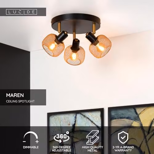 Lucide Maren Dimmable Retro Ceiling Spotlight in Gold/Brass, Diameter: 37 cm – 2