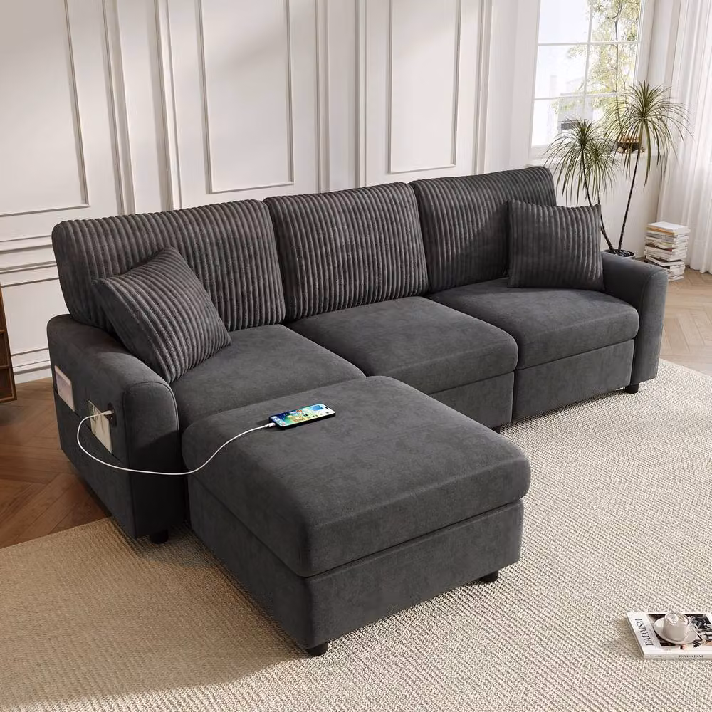 Merax Reversible L-Shape Chenille Corner Sofa with Matching Ottoman and USB Charging Ports in Grey – 3