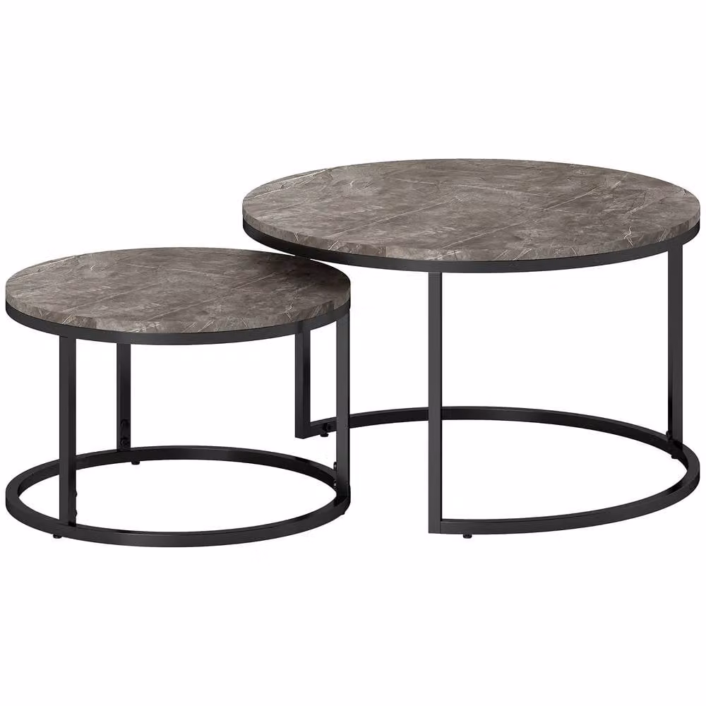 STILVORA Set of 2 Round Nesting Coffee Tables with Black Metal Frame and Grey Composite Tops – 6