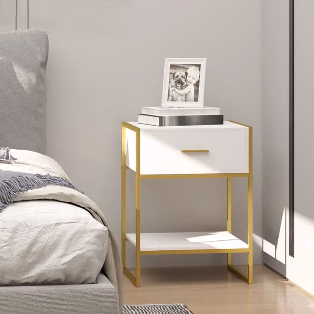 HOMCOM Modern White Bedside Table with Drawer and Shelf