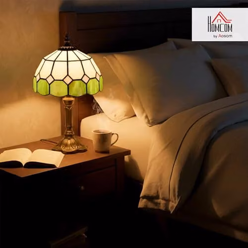 HOMCOM Tiffany-Style Stained Glass Table Lamp in Green, White and Bronze – 2