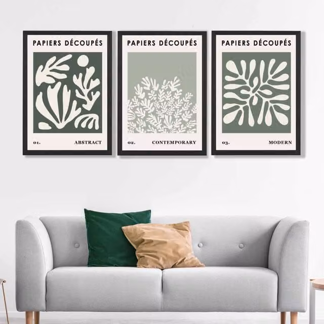 ARTZE Matisse Floral Set of 3 Wall Art Prints in Green and Beige with Black Frame, Size: A2