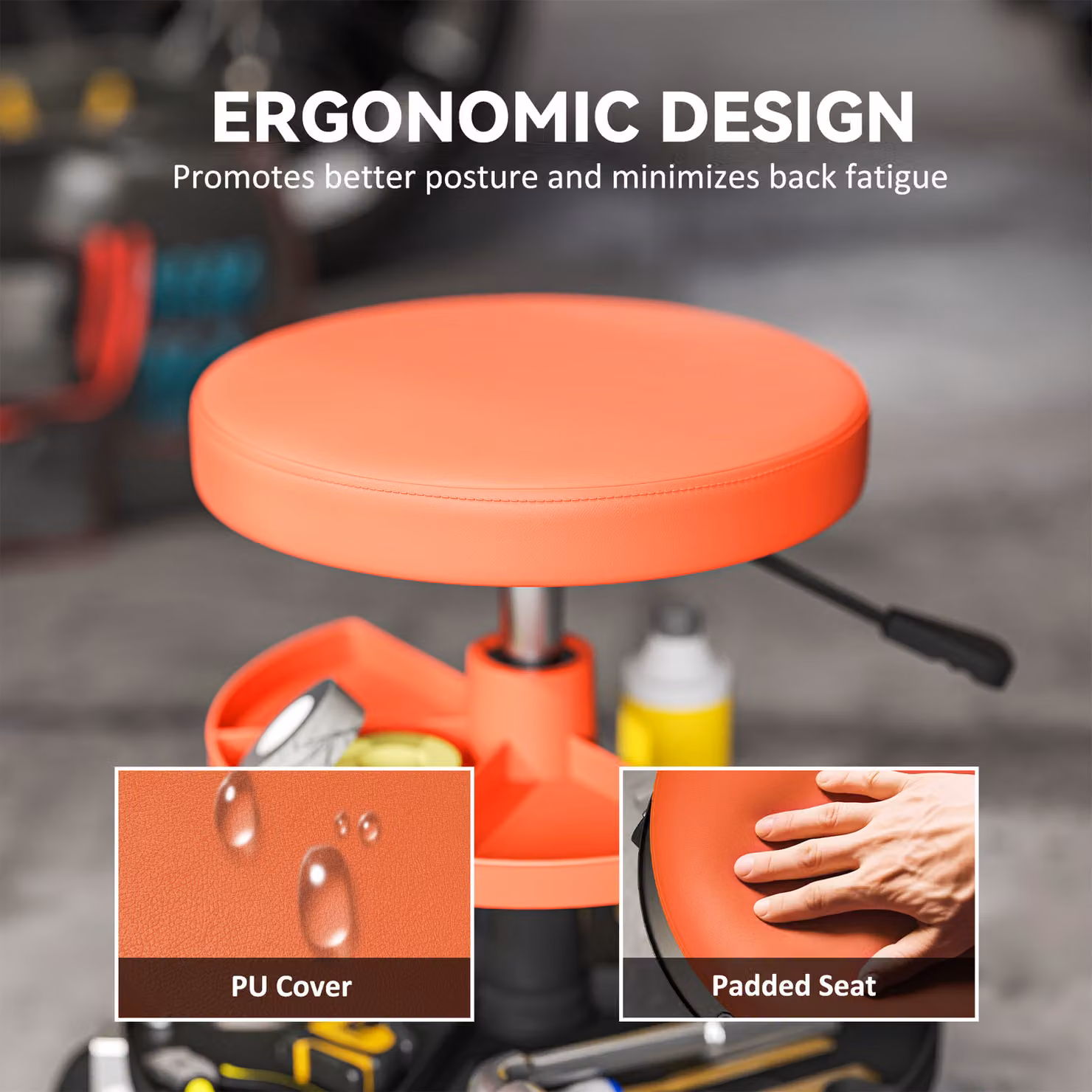 HOMCOM Rolling Mechanic Stool in Yellow with 360 Degree Swivel, Castors and Tool Tray Storage – 5