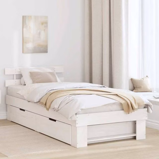 Berkfield Home White Solid Pine Wood Bed Frame with Headboard W/D/H: 190 x 75 x 31 cm