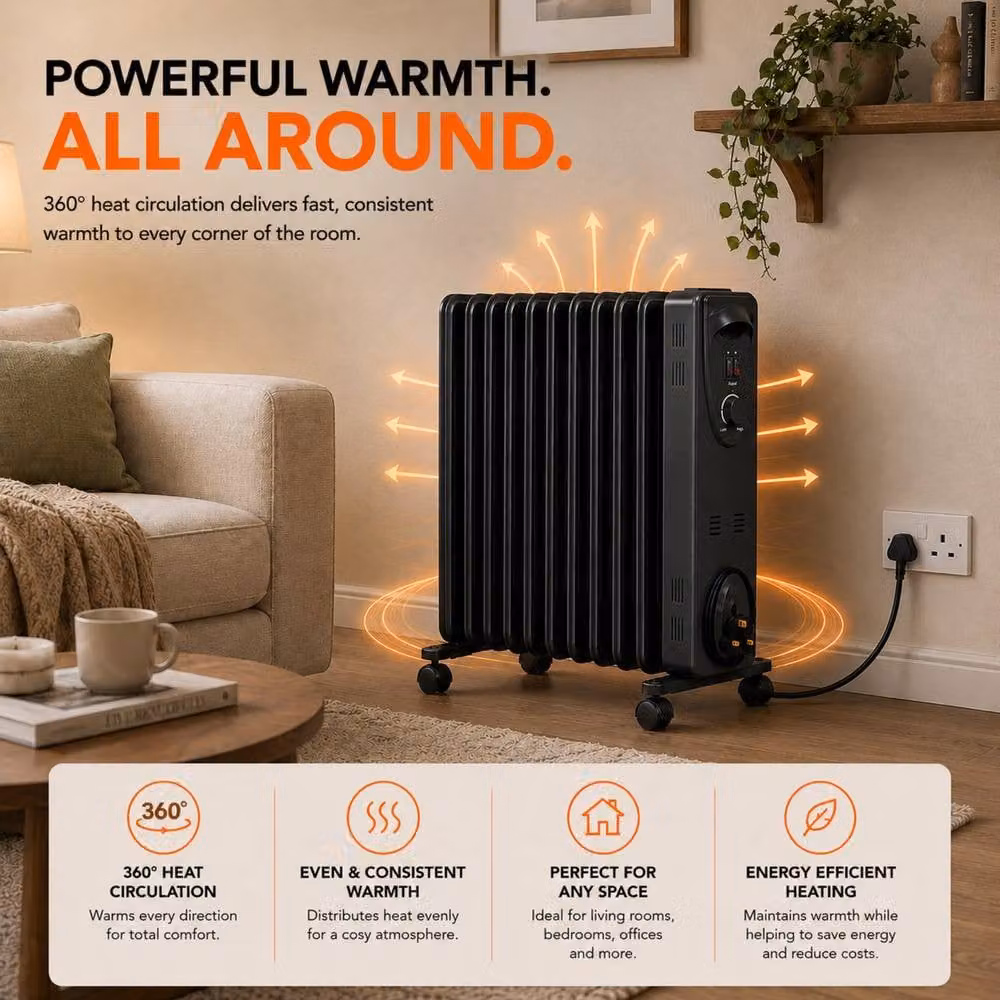 MYLEK 2.5kW Electric Oil Filled Radiator with Adjustable Thermostat in Black – 6