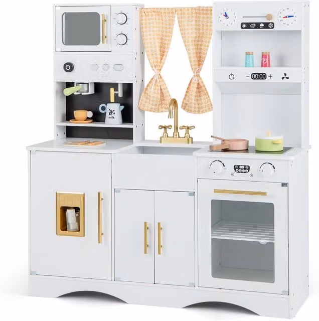 COSTWAY Kids Pretend Play Kitchen Playset in White Wood